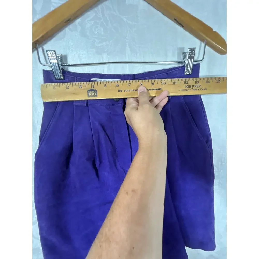 Vintage San Remo Leather Shorts 8 Purple Pleated Long Mom Lined Pebbled Suede